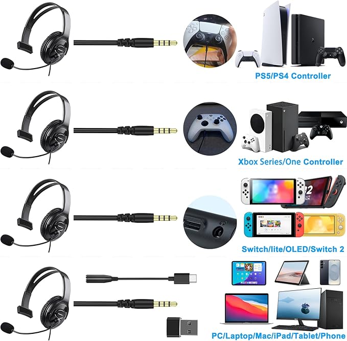 Wired Single Ear Headset with 3.5mm Jack & USB-C & USB-A Adapter for PS5, PS4, Xbox, Switch, PC, iPhone, iPad, Android - Unilateral Mono Headphone for Gaming, Call Center, Remote Work, Online Classes