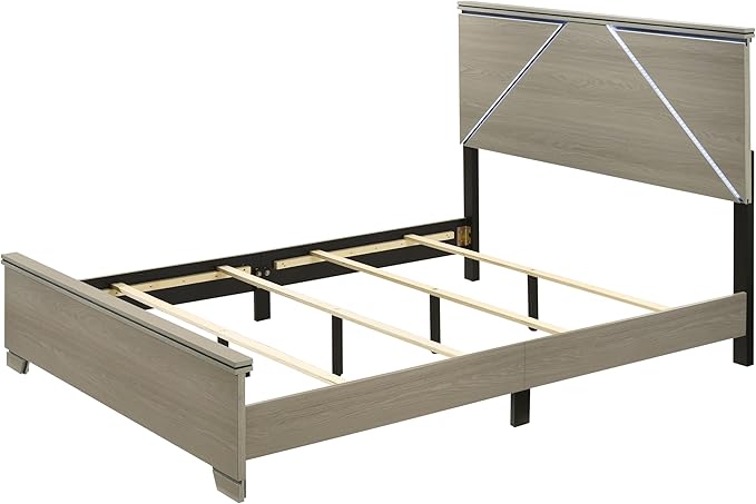 Joanna Weathered Gray Queen Bed w/LED Box Spring Required (4 Slats + 4 Support Leg), Bed Follow Us Standard: Mattress Size 80"L X 60"W (Q) Headboard With LED Light Bed Leg height: 33"H, Internal Siz