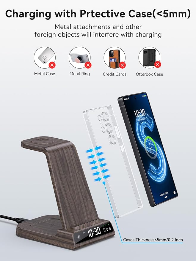 Wireless Charger for Samsung Charging Station with Clock for Samsung Galaxy S25 Ultra/S24 Ultra/Z Flip 7/Fold 6/Galaxy Bud, 3 in 1 Charger Station Watch Charger for Galaxy Watch 8/7/6/5Pro(Wood Grain)