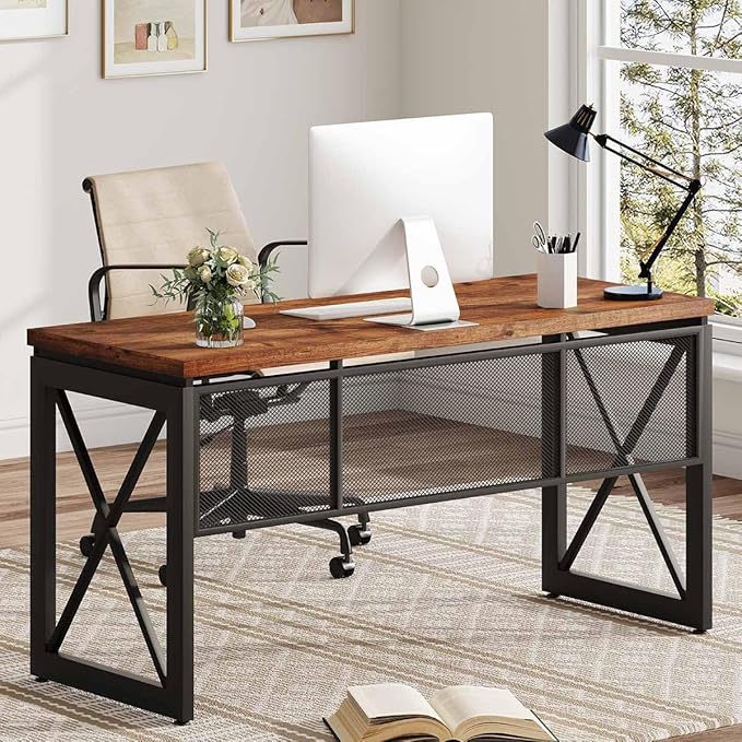 BON AUGURE 60 Inch Computer Desk for Home Office, Industrial Metal Wood Desks, Farmhouse Large Writing Table, Modern Sturdy Gaming Desk (Rustic Oak)