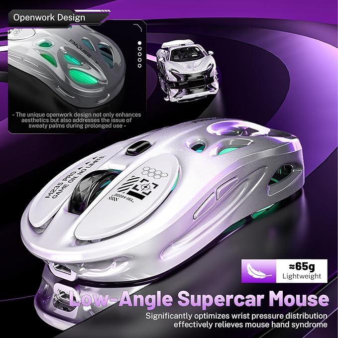 M235 Wireless Gaming Mouse, 65g Ultra-Lightweight, Hollowed-Out Sports Car Design, 4800 DPI, Tri-Mode (2.4G/BT/Wired), 8 Programmable Buttons, RGB Lighting, 1000Hz Polling Rate (Silver Frost)