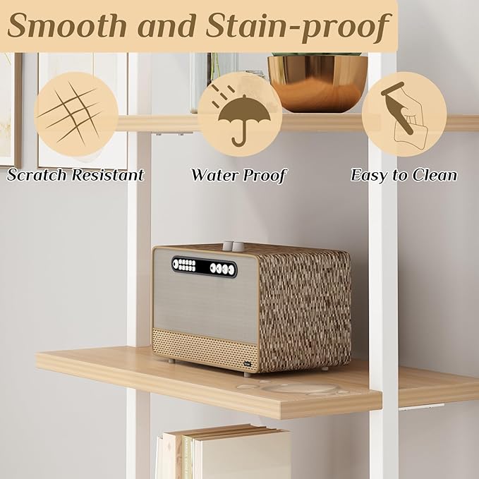 Karl home Ladder Shelf 5 Tier Wall Mounted Bookcase with Metal Frame, Open Design Shelves for Living Room, Bedroom, Home, Office, Oak Color (23.62" L x 11.81" W x 70.87" H)