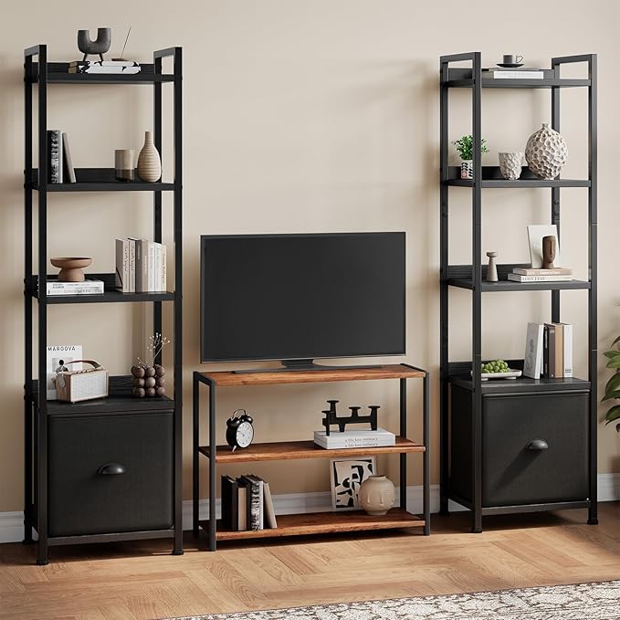 Sweetcrispy 5-Tier Bookshelf with Fabric Drawer, Wood-Metal Standing Display Shelf, Multi-Functional Organizer for Books, CDs and Movies, Suitable for Bedroom, Living Room, Black