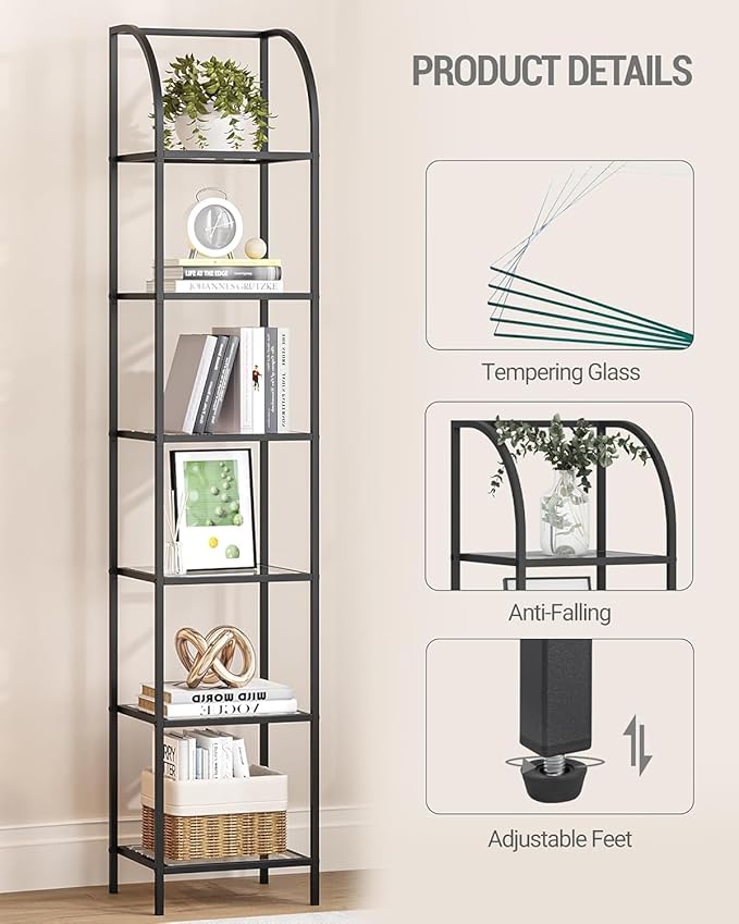 Hzuaneri Bookcase Bookshelf, Tempered Glass Arched Bookshelf for More Storage, Slim Shelving Unit for Bedroom, Bathroom, Home Office, Steel Frame, 6 Tier Black BC20699B