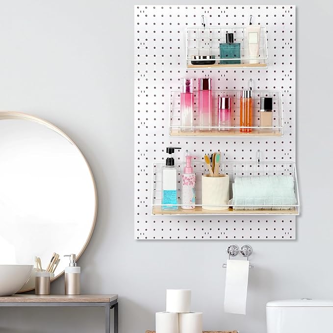 Roowest 3 Sets Metal Pegboard Shelves with Steel Peg Board Brackets and Hooks Wall Organizer Storage Display Tray Accessories for Craft Room Home Office Garage Nursery Workbench Kitchen(White)