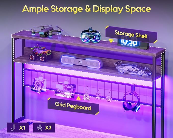 AODK 59 Inch L Shaped Desk with 4 Drawers, Gaming Desk with Led Lights & Power Outlets, Computer Desk with Pegboard & Keyboard Tray, Reverisble Home Office Desk with Storage Shelves & CPU Stand, Grey