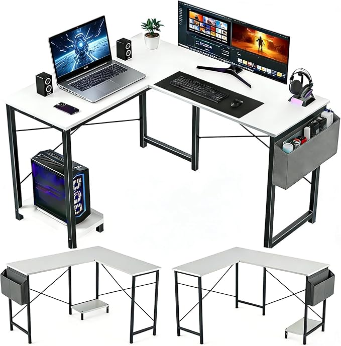 L Shaped Desk, 50 Inch Reversible Computer Desk Corner Gaming Table with CPU Stand & Storage Bag, Sturdy Metal Frame PC Workstation for Home Office, White Wood