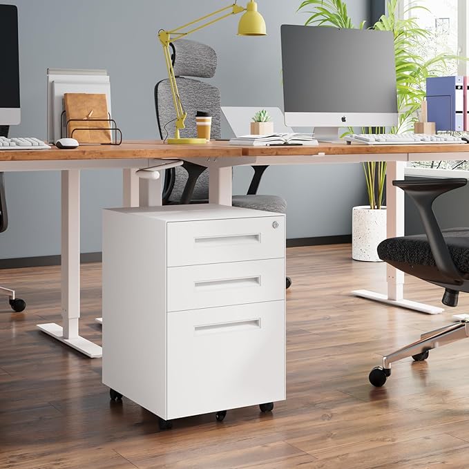 Dripex 3 Drawer White File Cabinet, Mobile Under Desk Storage File Cabinet with Lock on Wheels, Fully Assembled, Letter/Legal Size, Small Short Vertical Metal Rolling Filing Cabinets for Home Office