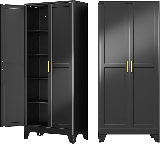 71" Metal Storage Cabinet with Adjustable Leveling Foot,Garage Storage Cabinets with 2 Doors and 4 Adjustable Shelves, Black Steel Cabinet for Office,Home,Garage