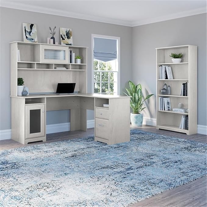 Scranton & Co Cabot L Shaped Desk with Hutch & Bookcase, White Oak Finish, 60W Computer Desk Set with USB Hub, Fluted Glass Doors, Adjustable Bookcase Shelves, Home Office Furniture