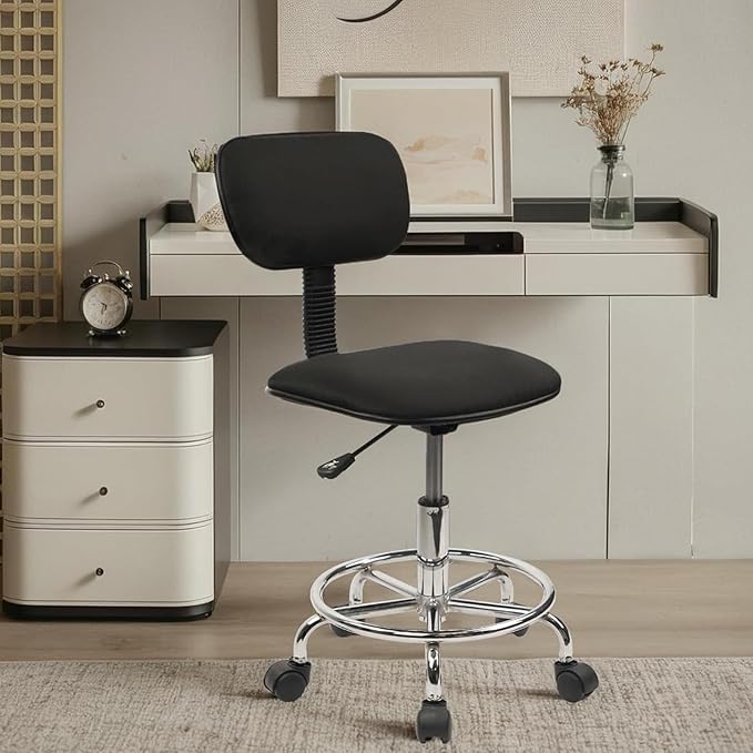 KLASIKA Low Wide Rolling Swivel Stool with Backrest, Adjustable Height Salon Chair Stools with Footrest for Spa Tattoo Office Desk Massage Task Lash Barber Facial, Black 1PK