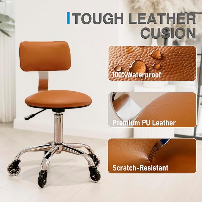 Rolling Stool Chair with Wheels, Office Drafting Chair with Back Support, Height Adjustable Standing Desk Stool with PU Leather Cushion for Home Office Kitchen Vanity Spa Garage Tattoo Dentist(Camel)
