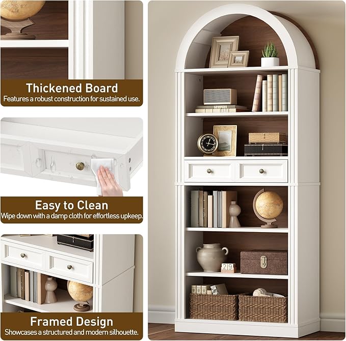 RALGEND Arched Bookshelf Set of 2, 73" Tall Arch Bookcase with Drawers, 6-Tier Farmhouse Book Shelf, Wooden Bookshelf with Open Display Shelves for Living Room, Office, Walnut and White