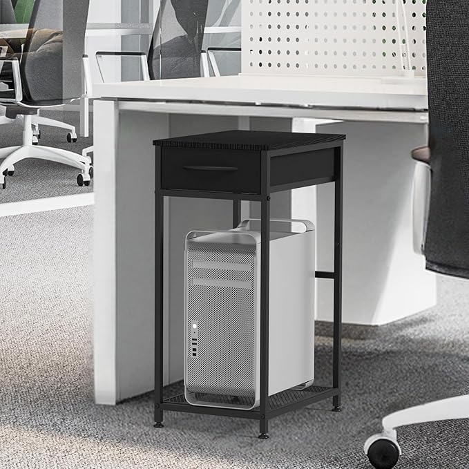 CADUKE 2 Tier PC Stand - Black Computer Tower Stand with Fabric Drawer, Modern Printer Stand with Wheels, Under Desk for Office & Study Room