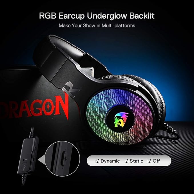 Redragon H350 RGB Wired Gaming Headset, Dynamic RGB Backlight - Stereo Surround-Sound - 50MM Drivers - Detachable Microphone, Over-Ear Headphones Works for PC/PS4/XBOX One/NS