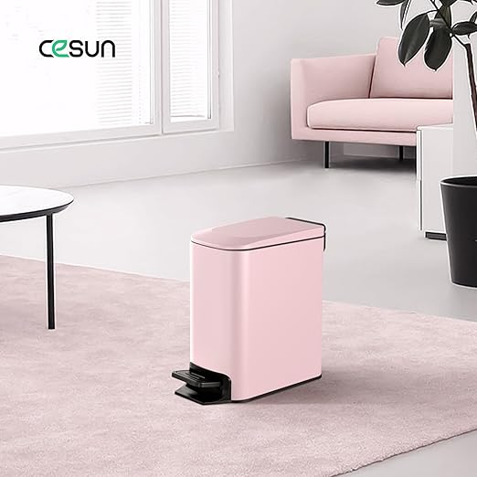 Cesun Slim Step-On Stainless Steel Desk Wastebasket – Pink (1.6 Gal)