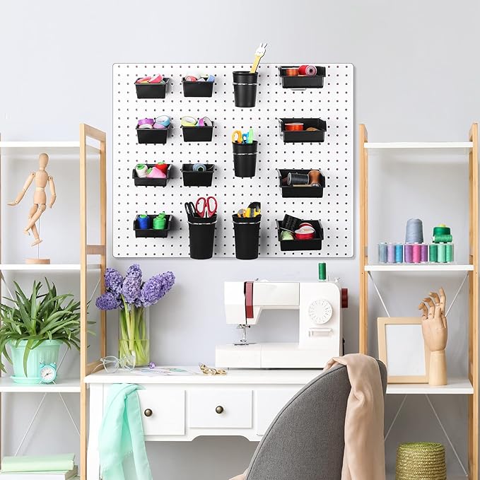 Roowest 60 Pcs Pegboard Cups Pegboard Bins Set, Wall Organizer with Hooks and Loops, Hooks Assortment Organizer Accessory for Office Storage Garage Craft Workshop(Black)