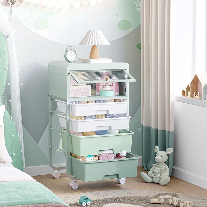 SYKIARIOL Utility-Rolling-Storage-Drawer-Craft-Cart-Organizers with 4 Drawers & Dust-proof Door for Kid Craft Art Room,Bedroom,Home Office, 4 Tiers Drawer cart, Green