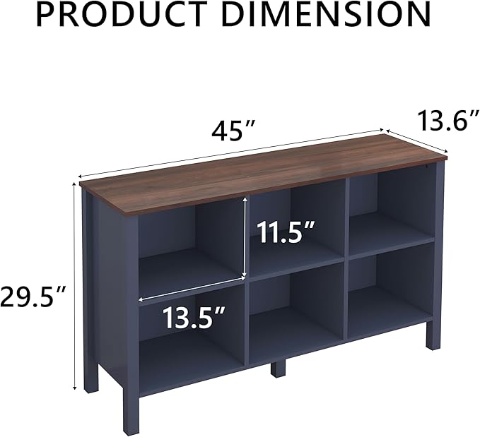 6-Cube Bookcase, Farmhouse Wooden Bookshelf Low Storage Organizer, 45" Horizontal Navy Blue Console with Legs, Hallway Book Case for Entryway, Display Cabinet for Living Room (Navy Blue, 6-Cube)