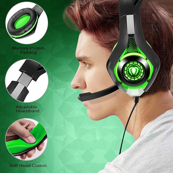 BlueFire Stereo Gaming Headset with Microphone for PS5 PS4 Xbox One Switch PC Mac – Wired Over-Ear Headphones with Surround Sound, Soft Memory Foam, Noise Canceling Mic, Light, 3.5mm Jack (Green)