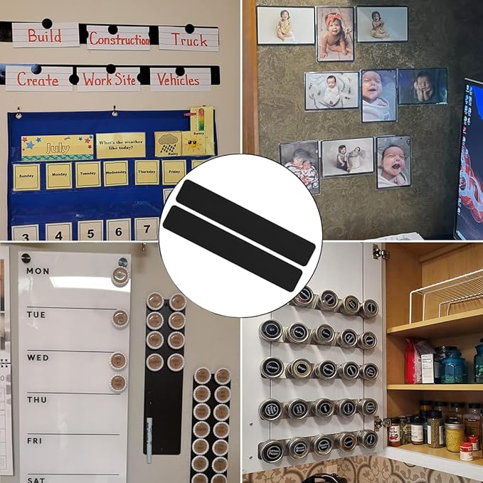 Metal Magnetic Strips with Adhesive Backing Memo Strip Black Magnet Bulletin Board with 12 Colorful Magnet for Wall Kitchen Office (4 Pcs, 2 x 12 Inch)