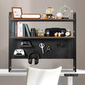 deli Desktop Bookshelf, Metal Desk Shelf Bookcase with Pegboard Hooks Set, 2 Tier Display Rack, Multipurpose Wood Desktop Hutch Storage Organizer for Dorm Office Home