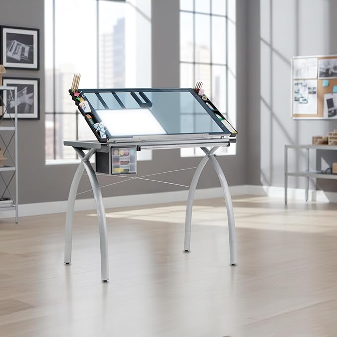 SD Studio Designs 10037 Futura Deluxe Drafting Table with Light Pad Support Bars & Drafting Height Leg Extensions, Silver/Blue Glass