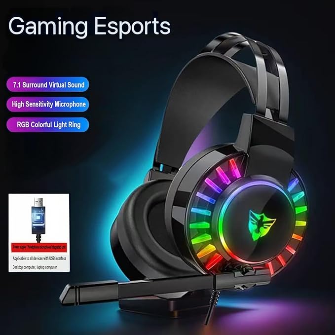 Wired Gaming Headset for PS4 PC Xbox One PS5 Controller, Noise Cancelling Over Ear Headphones with Mic, 7 Color LED Light, 7.1 Surround Sound, Soft Memory Earmuffs for Nintendo Xbox Series(Black)
