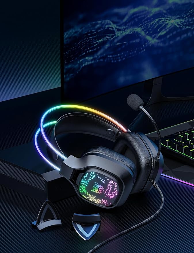 ONITOON Gaming Headset with Microphone, RGB Lights, Detachable Cat Ear, Lightweight Over-Ear Headphones with Adjustable Headband for PC, PS4, PS5, Mac, Switch, Surround Sound, in-Line Control, Black