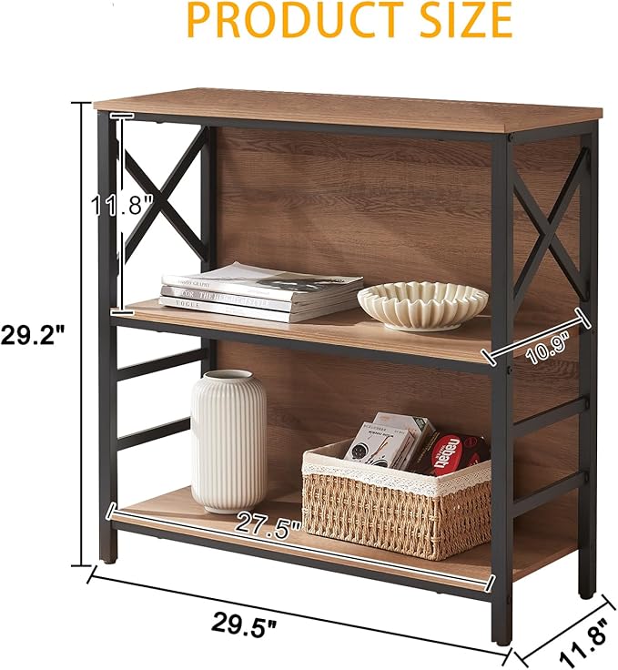 MNEETRUNG Book Shelf, Small 3-Tier Industrial Bookshelf with Strong Metal Frame & Backboard, 29.5" Short Bookcase for Small Spaces, Living Room, Bedroom and Home Office, Brown