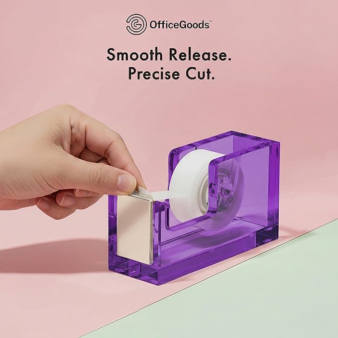 OfficeGoods Acrylic Tape Dispenser – Modern Desk Organizer for Office Supplies, Heavy Duty Refillable Tape Holder for Home and School Crafting, Stylish Desktop Accessory for Gift Wrapping, Purple