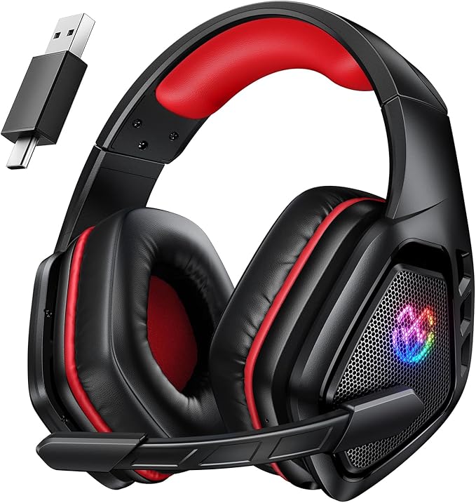 Tatybo Wireless Gaming Headset for PC, Ps5, Ps4, 2.4 Ghz USB & Type-C Gaming Headphones with Microphone, 30H Battery Bluetooth Headphones for Switch, Laptop, Mobile, Mac (Black Red)
