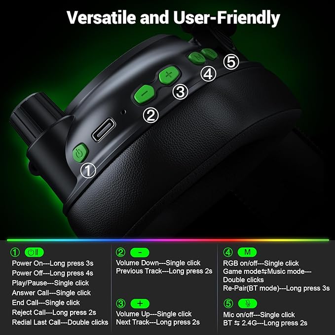 Krysenix 2.4 GHz Wireless Gaming Headset for PC, PS5, PS4, Switch, Mac, Bluetooth 5.4 Gaming Headphones with Noise Canceling Microphone, Cool RGB Lighting, 50Hr Battery, Foldable, 50mm Drivers-Black
