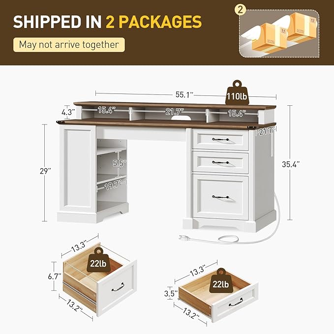 RALGEND 2 Pack 55'' Farmhouse Executive Desk with Drawers, Computer Desk with File Cabinet and Side Bookshelf, Writing Gaming Desk with Monitor Stand, White and Walnut