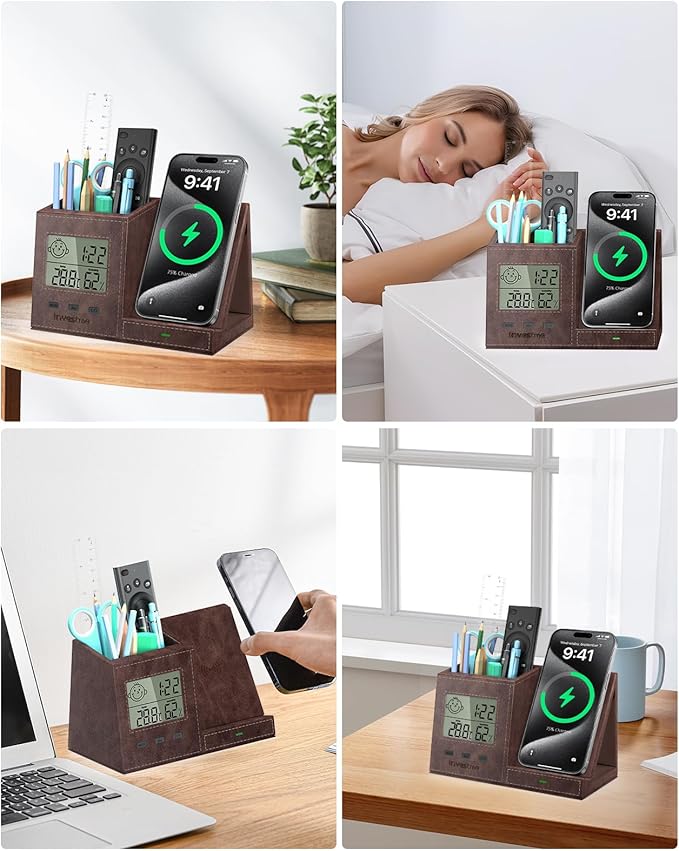 Pen Holder for Desk, Desk Organizer with Wireless Charger, Built in Digital Indoor Thermometer and Humidity Monitor, Multi-Functional Pencil Organizer for Home Office Supplies, Brown