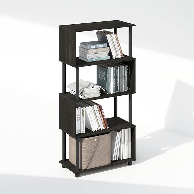 Furinno Reed Book Shelf, 5-Tier Bookshelf with Open Shelf, Geometric Bookcase with S-Shaped Frame, 11.8 x 23.6 x 48, for Living Room, Bedroom, Home Office, Espresso