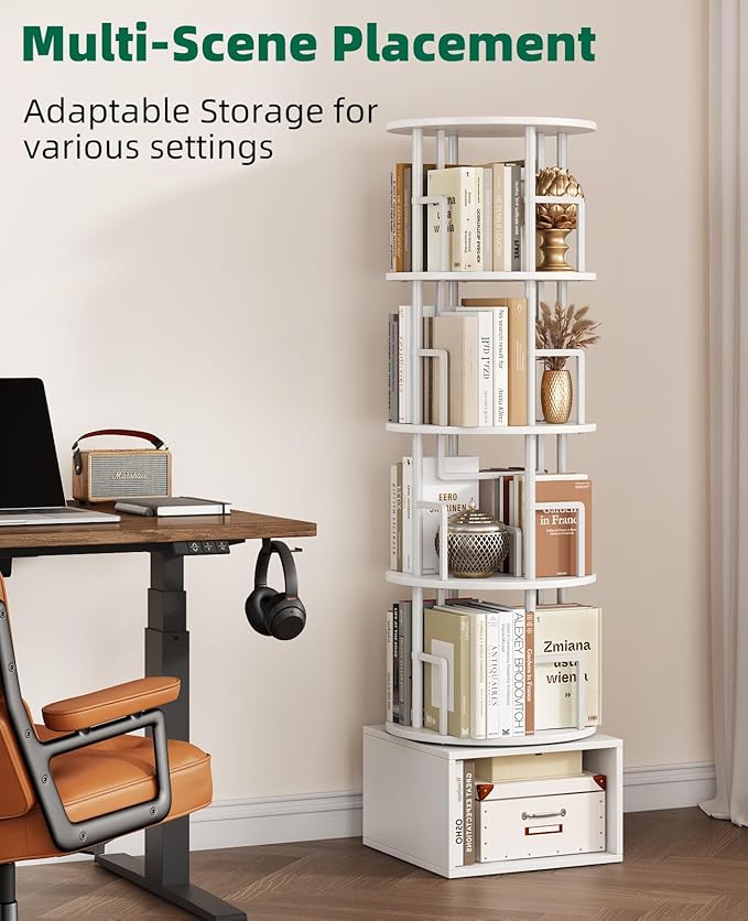 Kalrin 5 Tier Rotating Bookshelf with Extra Storage Cabinet, 360°Spinning Corner Bookshelf, Floor Standing Bookcase for Kids & Adult, Narrow Book Shelf for Bedroom Living Room, Pure White