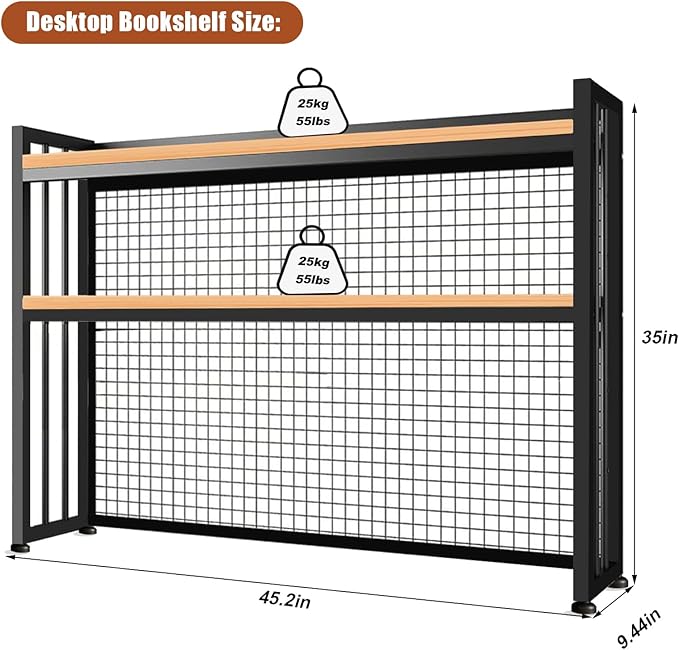 2-Tier Desktop Hutch Bookshelf Metal Desk Shelf,Storage DisplayShelf for Computer Desk, Multifunctional Freestanding Storage Rack for Office, Home Decor, Kitchen (45.2 * 35 * 9.44 in)
