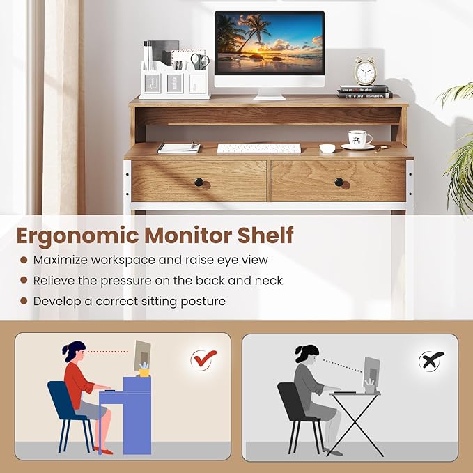 Giantex Small Computer Desk with Hutch & Drawers, Extendable Writing Desk w/Pull Out Secondary Table, Monitor Stand & Rolling Wheels, Console Table, Compact Desk for Small Spaces (Natural)