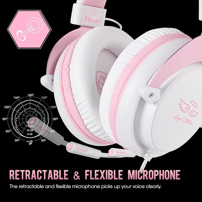 USOTSO MPOWER Stereo Gaming Headset for PS4, PC, Mobile, Noise Cancelling Over Ear Headphones with Retractable Flexible Mic & Soft Memory Earmuffs for Laptop Mac Games-Angel Edition
