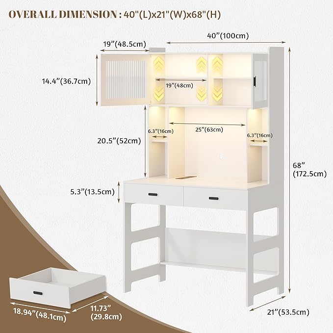 Vlsrka Home Office Desk with Hutch and Drawers, 40" Computer Desk with Storage Shelves and LED Lights, Modern Wooden Writing Study Table with Charging Station for Bedroom, White