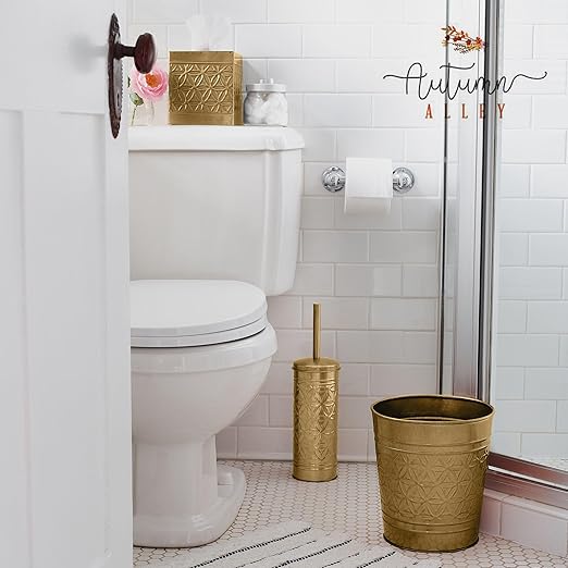 Autumn Alley Antique Gold Trash Can, Hand Crafted Bin, Round Bathroom Trash Can, Open-Top Gold Garbage Can for Bedroom, Home, Office - Modern Waste Basket, Stylish Metal Modern, Bathroom Décor