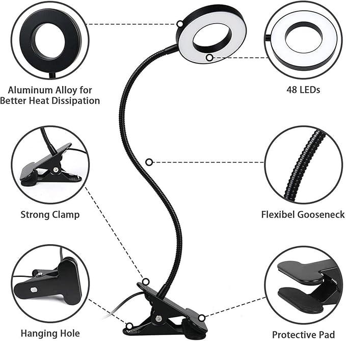 Brokimis Clip on Light LED Reading Book Study Lamp 3 Color Modes 10 Brightness Eye Protection 360° Flexible Gooseneck Student Dormitory Office Desk Lamp at Night in Bed
