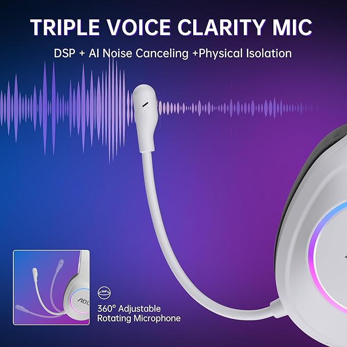 AOC Wireless Gaming Headset Compatible with ps5/4, PC, USB-C & Bluetooth 5.4 & 2.4GHz Gaming Headphones with Noise Canceling Mic, 7.1 Virtual Surround,20ms Latency, 45H, RGB- White