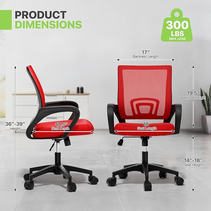 Magshion Office Chair Pack of 2, Ergonomic Mid-Back Mesh Desk Chair, Rolling Computer Chair with Lumbar Support & Comfy Armrests for for Gaming, Work, Study, 300 Lbs Capacity, Red