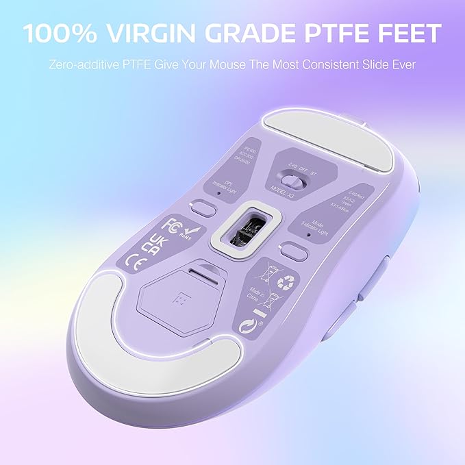 ATTACK SHARK X3 Lightweight Wireless Gaming Mouse with Tri-Mode 2.4G/USB-C Wired/Bluetooth,Up to 26K DPI, PAW3395 Optical Sensor,Kailh GM8.0 Switch,5 programmable Buttons for PC/Win/Mac(Purple)