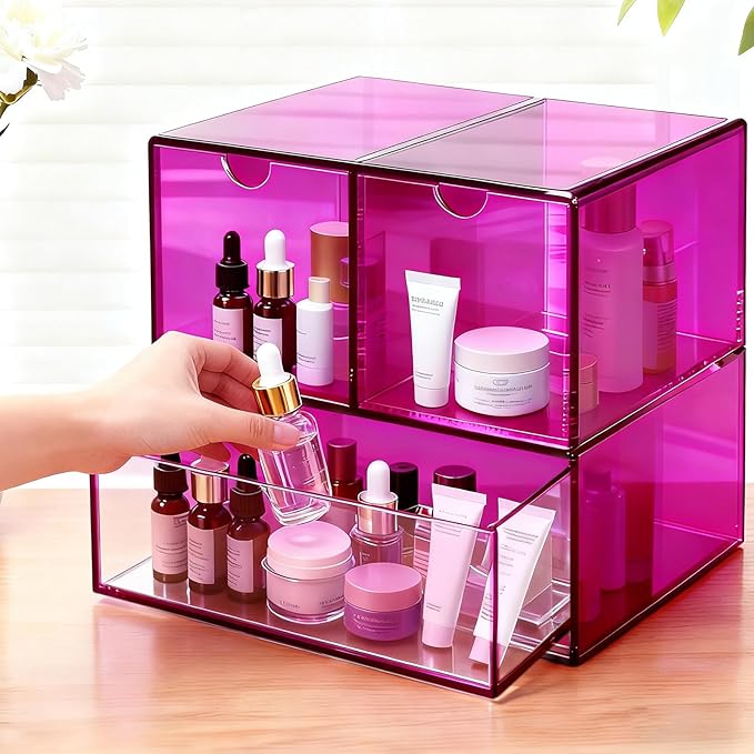 Gelite Desk Organizer with 3 Storage Drawers for Makeup Office Acrylic Desktop Drawer Organizer for Vanity Office Organization and Storage Box, Purple
