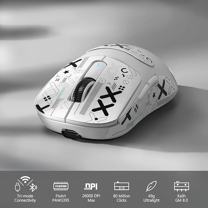MAMBASNAKE Attack Shark X3 Wireless Gaming Mouse, 49g Ultralight, PixArt PAW3395 26000 DPI, Bluetooth/2.4Ghz /Wired Tri-Mode, 200Hrs Rechargeable Battery, Kailh GM8.0 Switch for PC/MAC/Win-White&Tape
