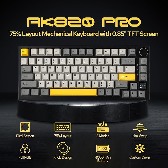 EPOMAKER Ajazz AK820 Pro 75% Wireless Mechanical Keyboard with TFT Smart Display&Knob, Gasket-Mounted Gaming Keyboard, BT/2.4GHz/USB-C Wired (Grey, Gift Switch)