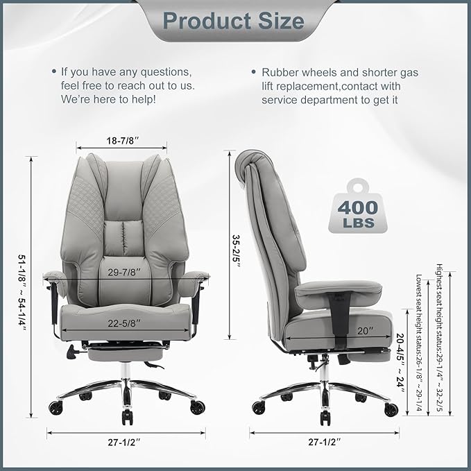 EXCEBET Big and Tall Office Chair 400lbs Wide Seat, Leather High Back Executive Office Chair with Foot Rest, Ergonomic Chairs Lumbar Support for Lower Back Pain Relief (Light Grey)